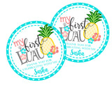 Aqua and pink luau first birthday favor label with personalized name