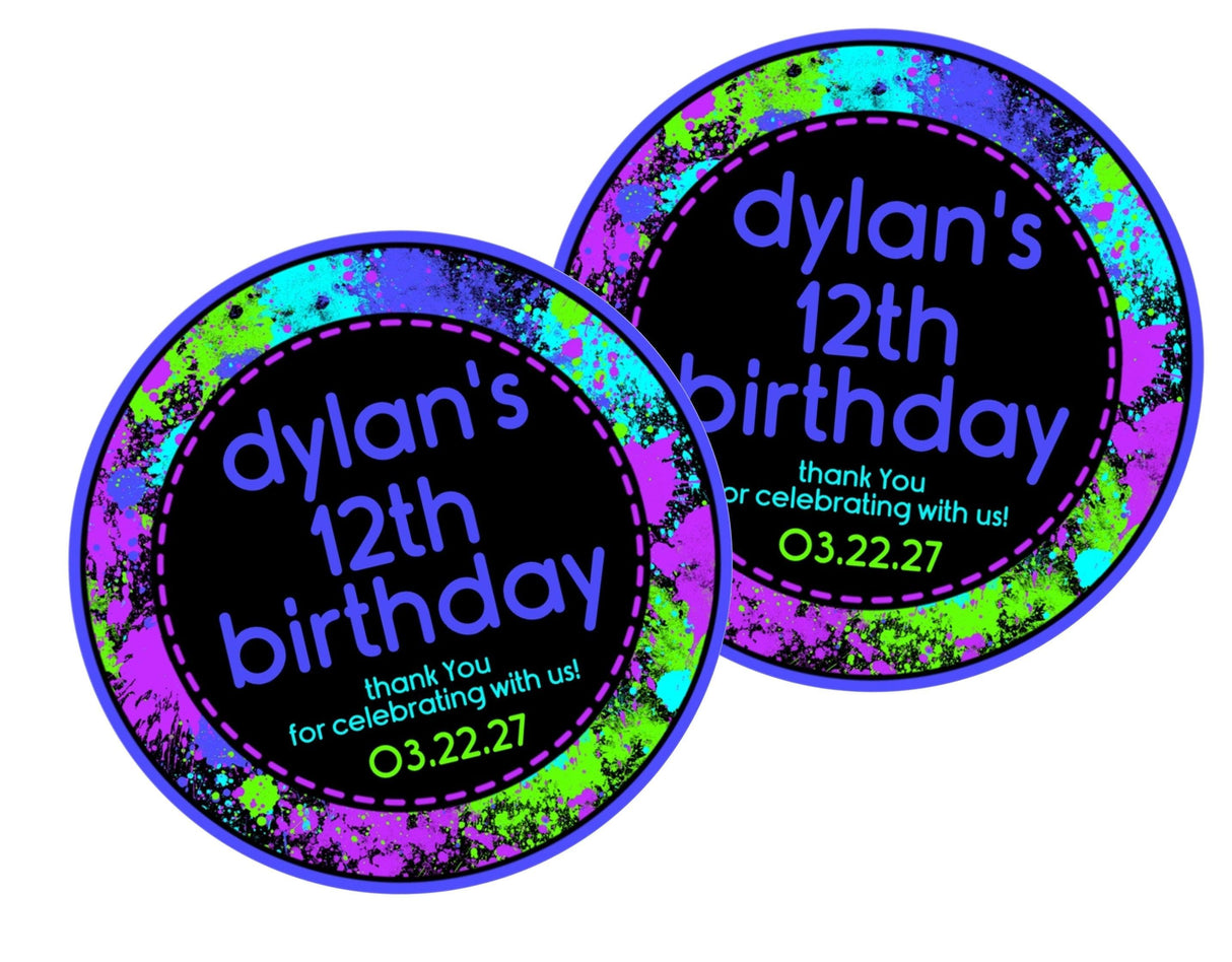 Aqua and purple paint splatter party favor label