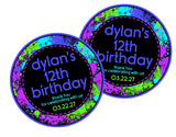 Aqua and purple paint splatter party favor label