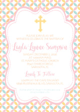Aqua orange pink yellow cross baptism and first communion invitation