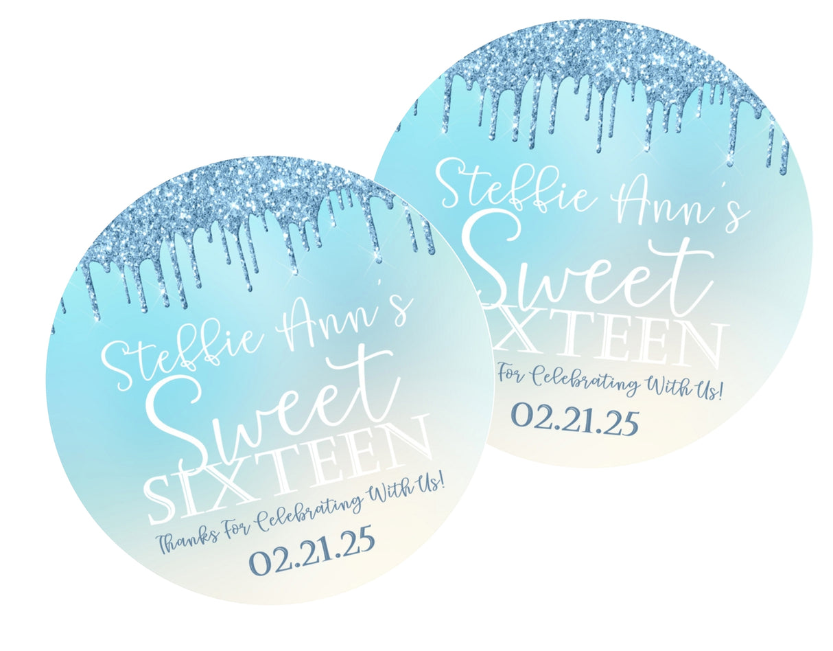 Aqua printed-effect drip Sweet Sixteen birthday sticker