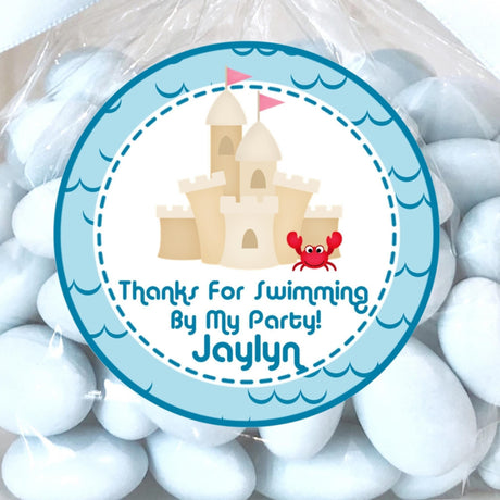 Aqua sandcastle birthday sticker with starfish accents