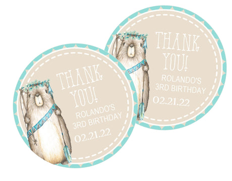 Aqua tribal woodland beaver birthday sticker with name and date