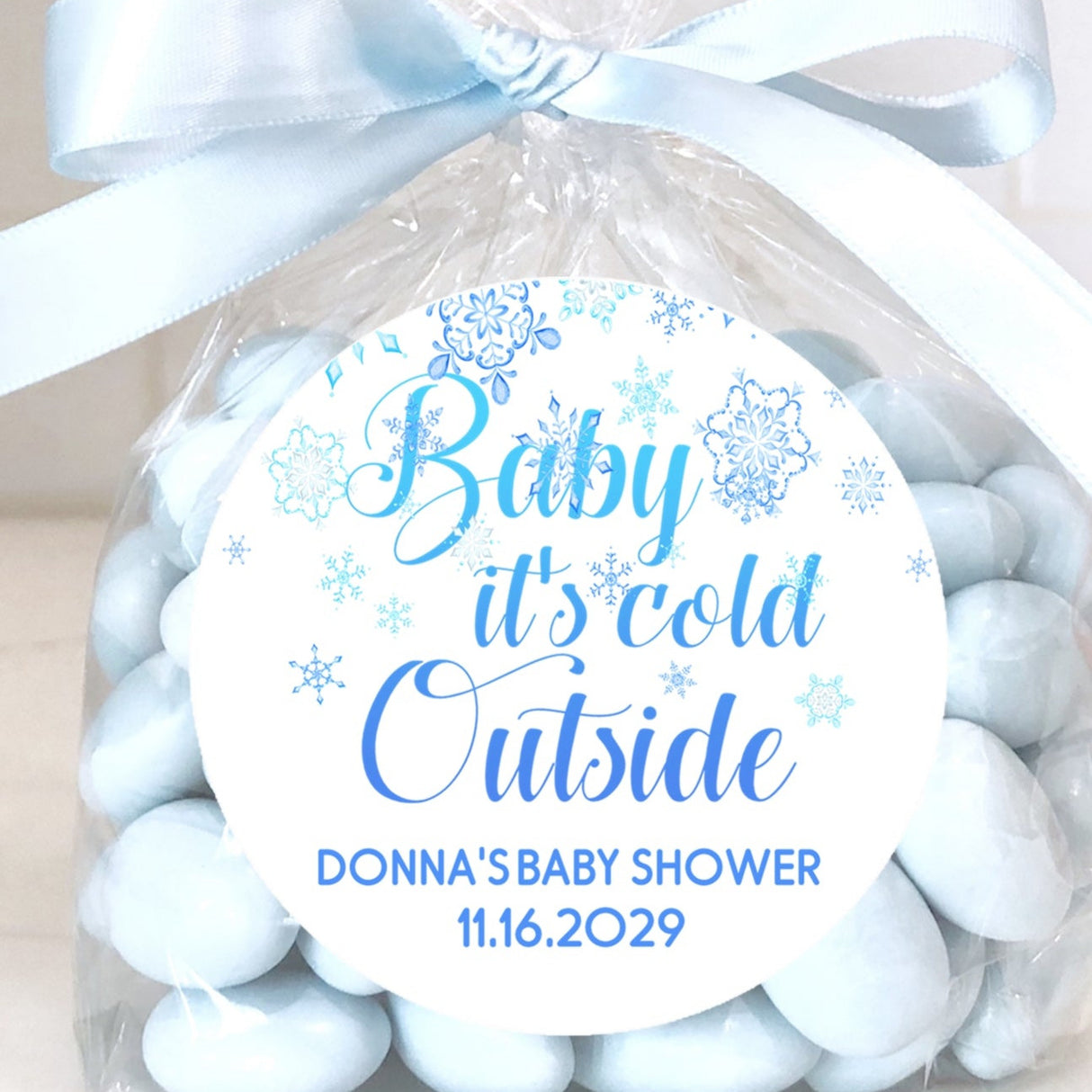 Baby it’s cold outside baby shower sticker blue