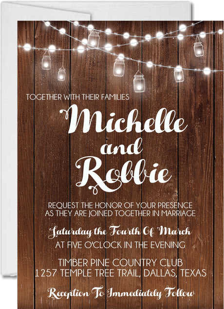 Barn wedding invitation with rustic wood texture and elegant script lettering