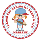 Baseball party sticker with girl player and personalized name