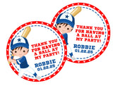 Baseball player birthday sticker with red star border