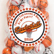 Basketball birthday sticker with script logo and orange star border