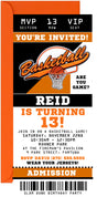Basketball birthday ticket invitation with sports themed graphics
