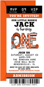 Basketball first birthday invitation featuring a basketball hoop and basketball themed artwork