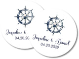 Beach wedding favor sticker with nautical ship wheel illustration