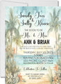 Beach wedding invitation featuring watercolor palm trees, tropical florals, and a coastal ocean scene.
