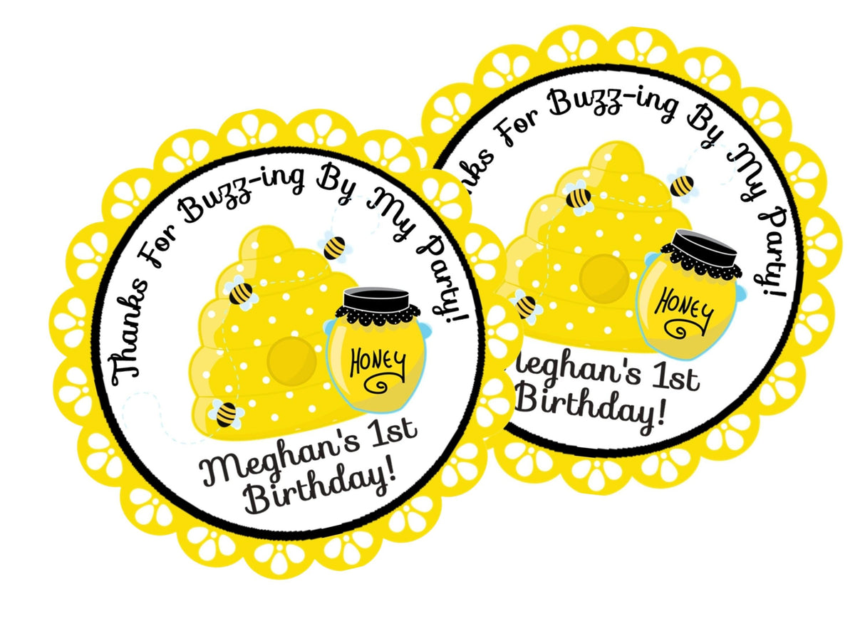 Bee-themed personalized party favor sticker with custom name