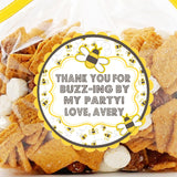 Bee birthday sticker with yellow scalloped border and bubble letter “Thank You for Buzz-ing By My Party” design.