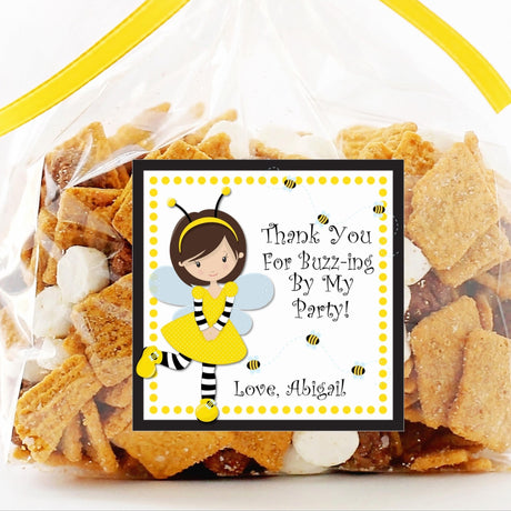 Bee girl birthday sticker with yellow polka-dot dress and personalized message