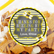 Bee thank you sticker with yellow and black chevron border and cute buzzing bees