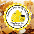 Beehive birthday party sticker with honey jar and buzzing bees