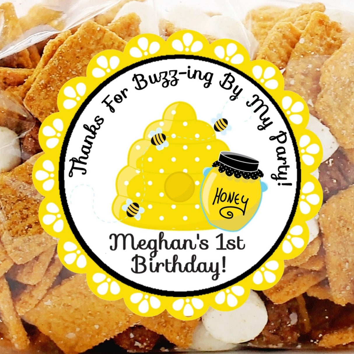 Beehive birthday party sticker with honey jar and buzzing bees