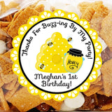 Beehive birthday party sticker with honey jar and buzzing bees