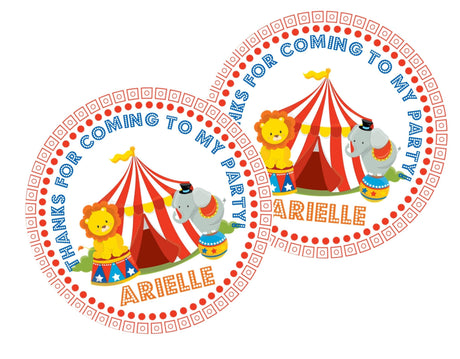 Big top circus birthday sticker with lion and elephant