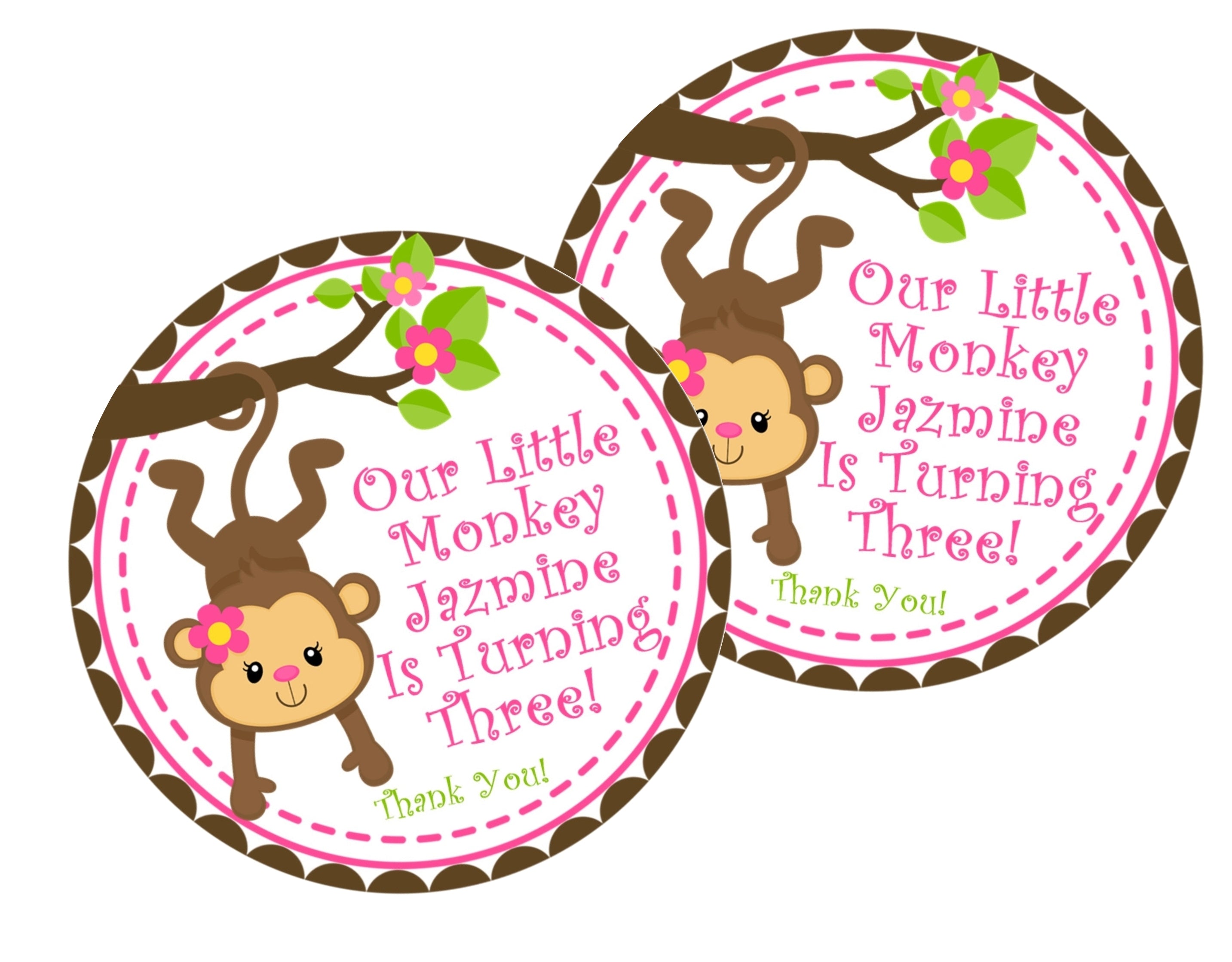 Girls Monkey Birthday Party Stickers Or Favor Tags