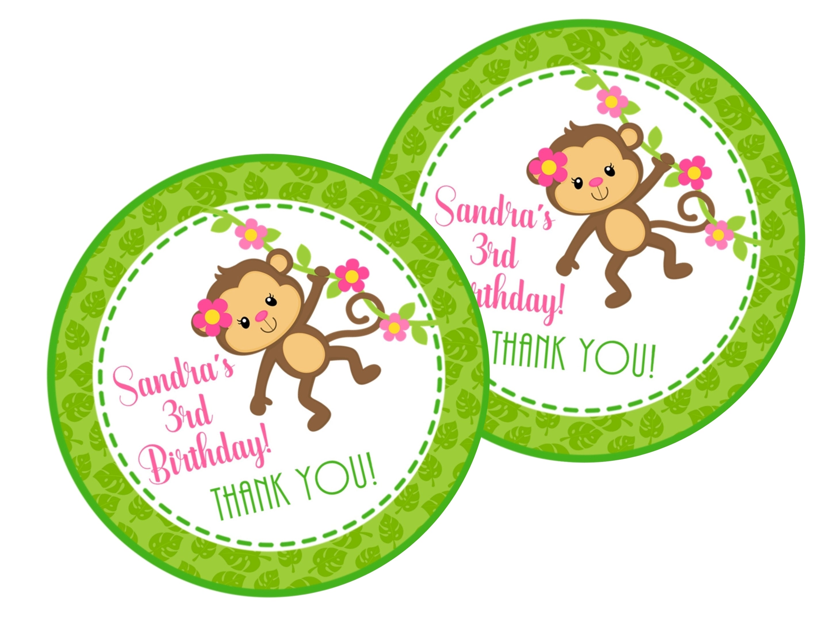 Girls Monkey Birthday Party Stickers Or Favor Tags