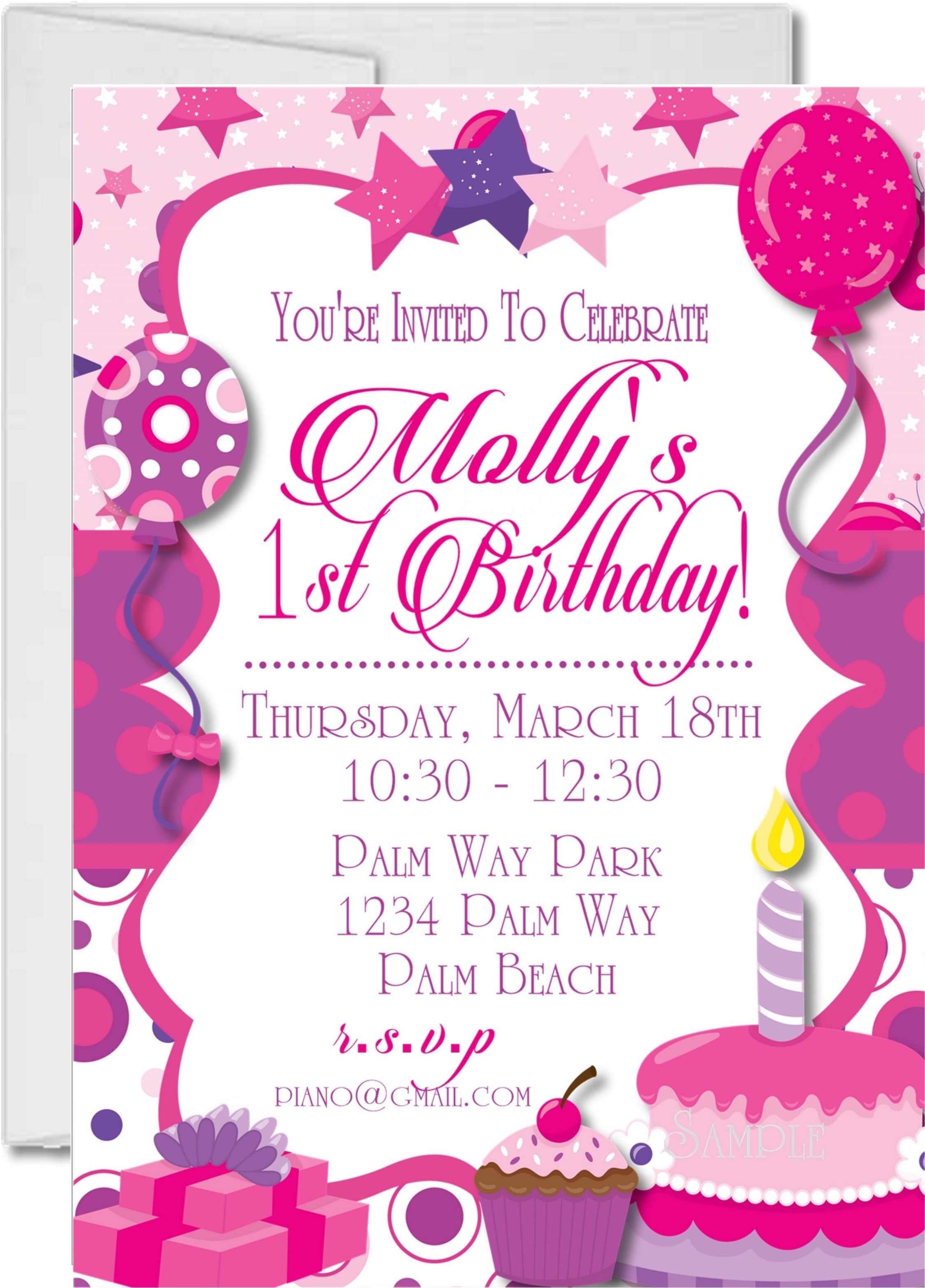 Pink And Purple 1st Birthday Party Invitations
