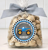 Blue Monster Truck Birthday Stickers – Flame Truck Party Favor Labels