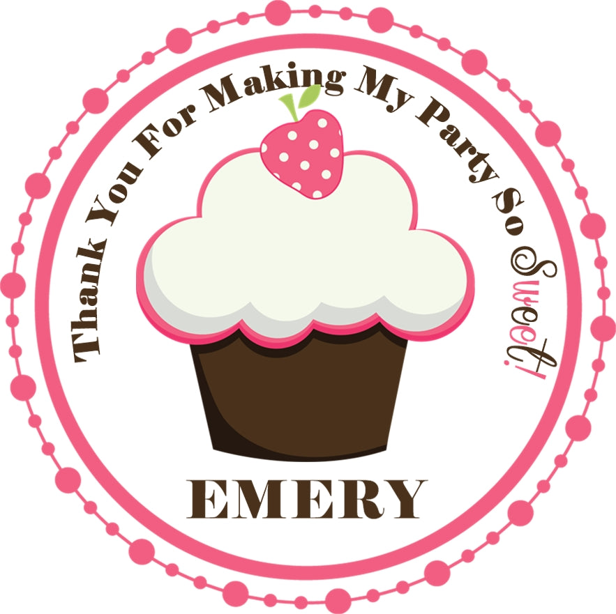 Birthday cupcake sticker with dessert theme and circular pink border