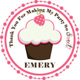 Birthday cupcake sticker with dessert theme and circular pink border
