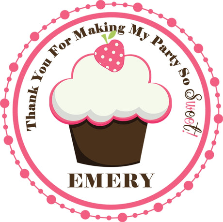 Birthday cupcake sticker with dessert theme and circular pink border
