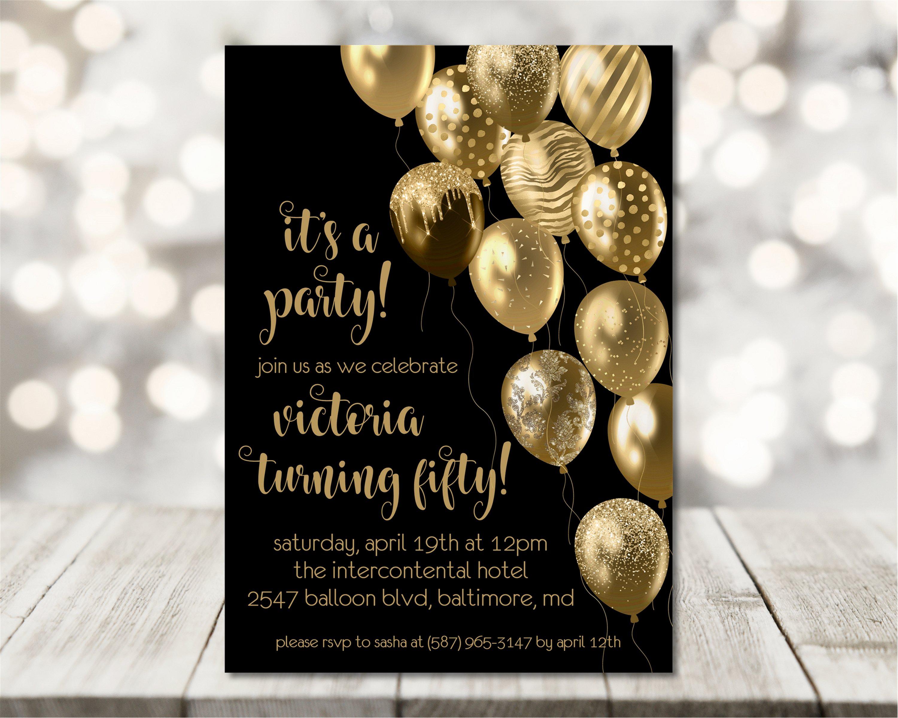 Black And Gold Balloon Birthday Party Invitations