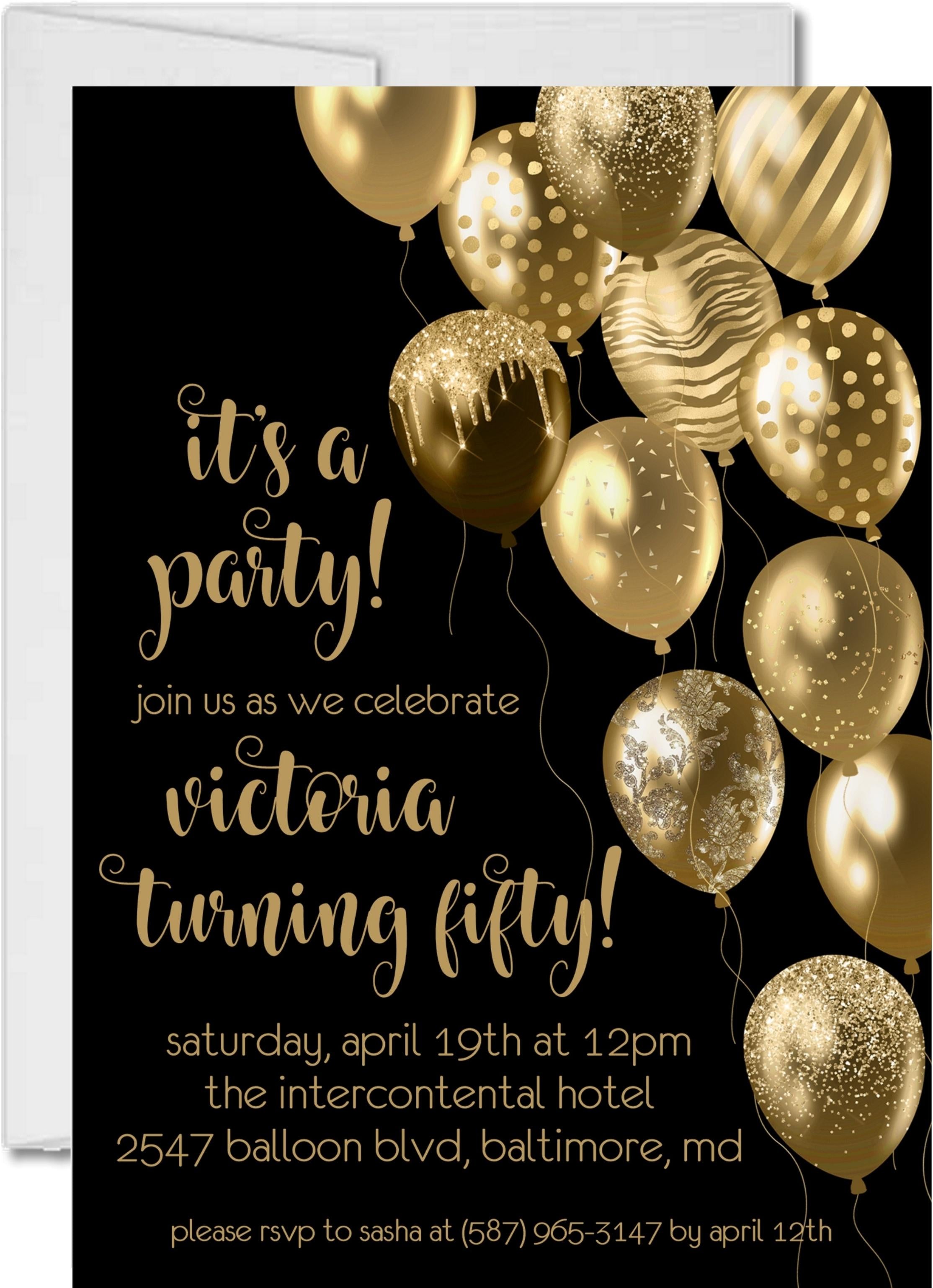 Black And Gold Balloon Birthday Party Invitations