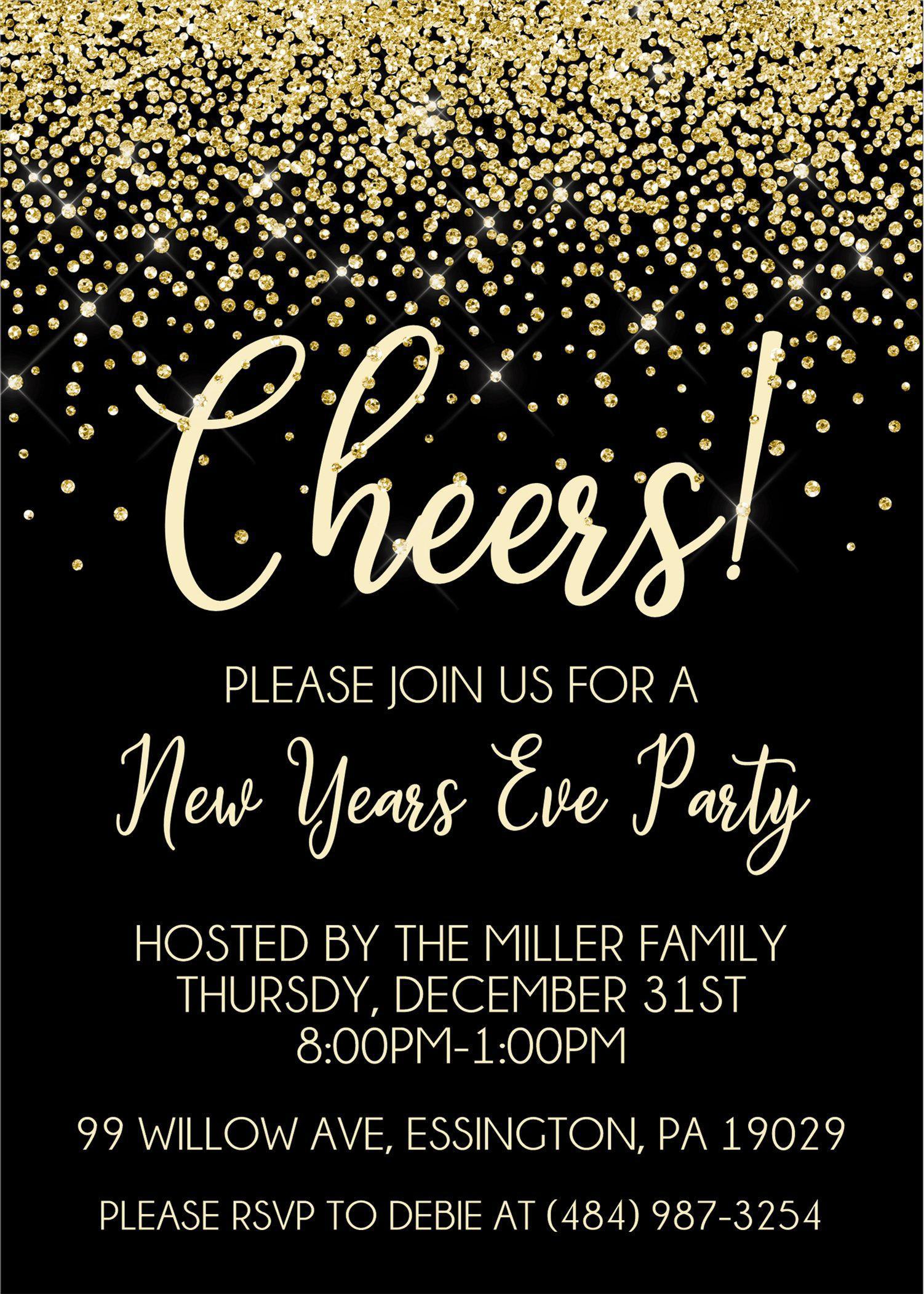 Black And Gold Confetti New Years Eve Party Invitations
