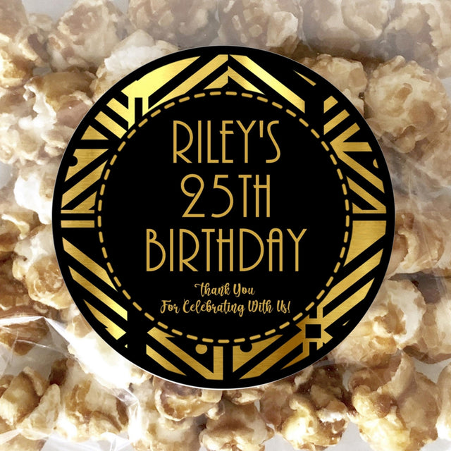 Black and gold Great Gatsby birthday sticker with art deco border