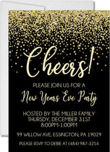 Black and gold New Year's Eve invitation featuring gold confetti and Cheers party wording