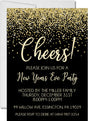 Black and gold New Year's Eve invitation featuring gold confetti and Cheers party wording