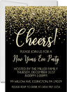 Black and gold New Year's Eve invitation featuring gold confetti and Cheers party wording