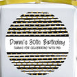 Black and gold striped birthday sticker with dotted accents
