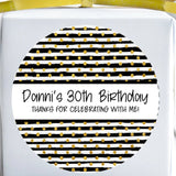 Black and gold striped birthday sticker with dotted accents