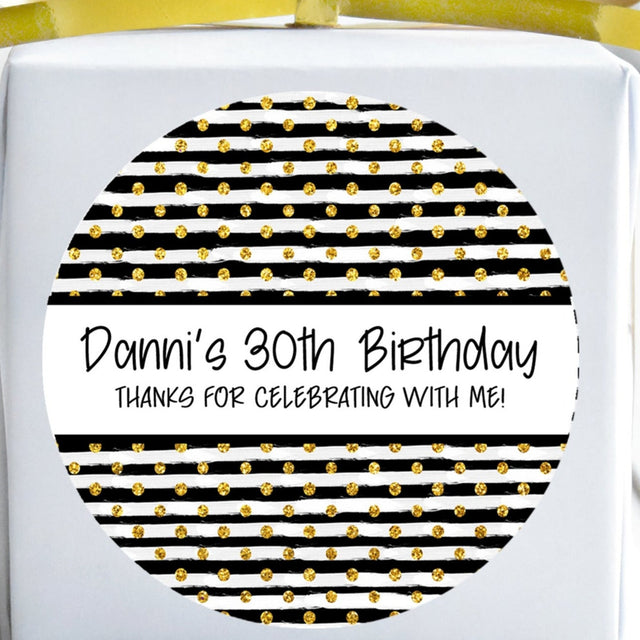Black and gold striped birthday sticker with dotted accents