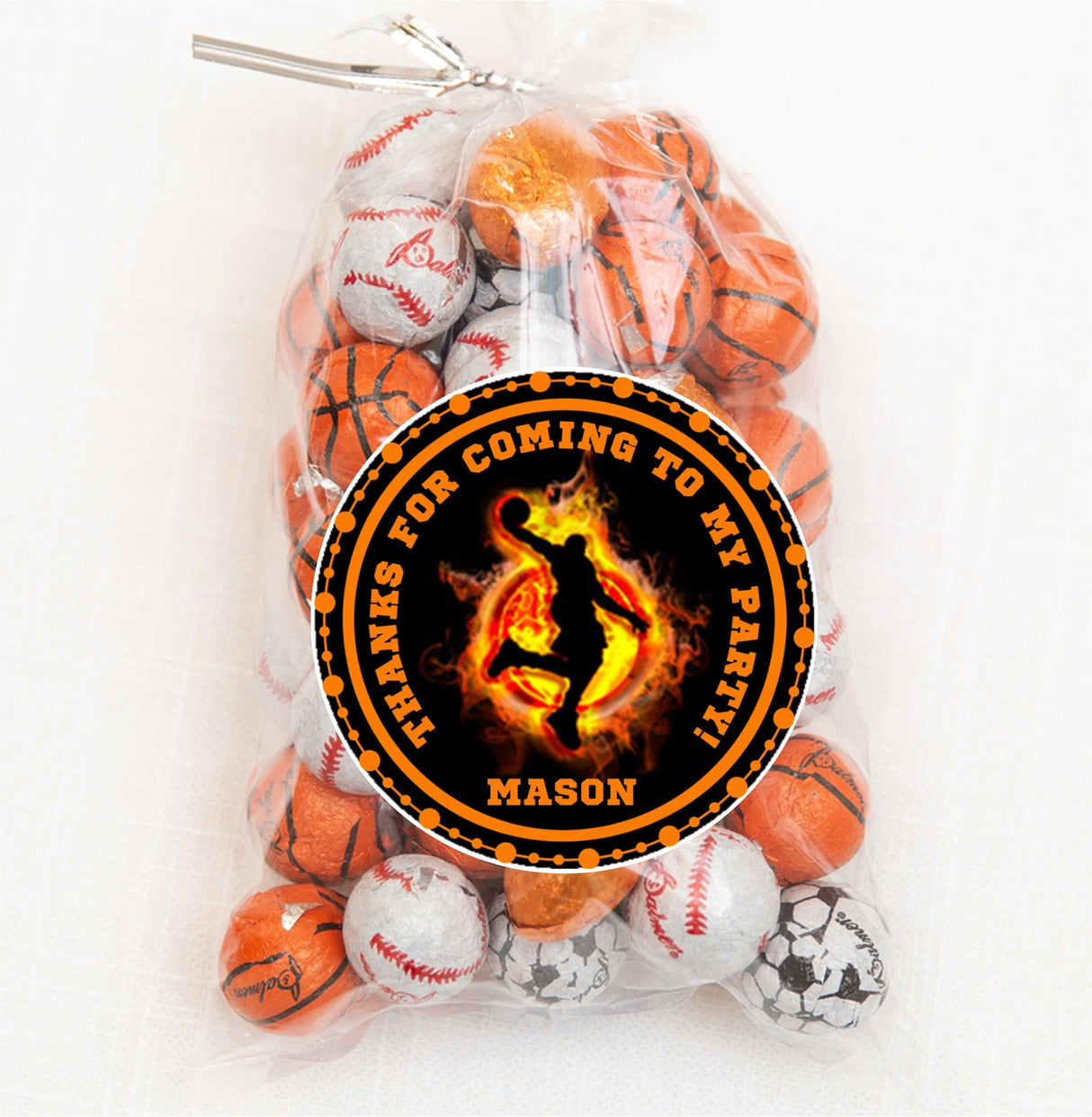 Black and orange basketball treat sticker for sports parties