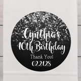 Black and silver bokeh birthday sticker with personalized name