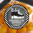 Black and white ice skating and hockey birthday party sticker with checkered border