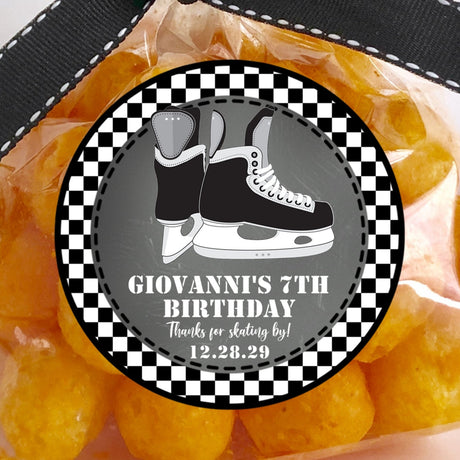 Black and white ice skating and hockey birthday party sticker with checkered border