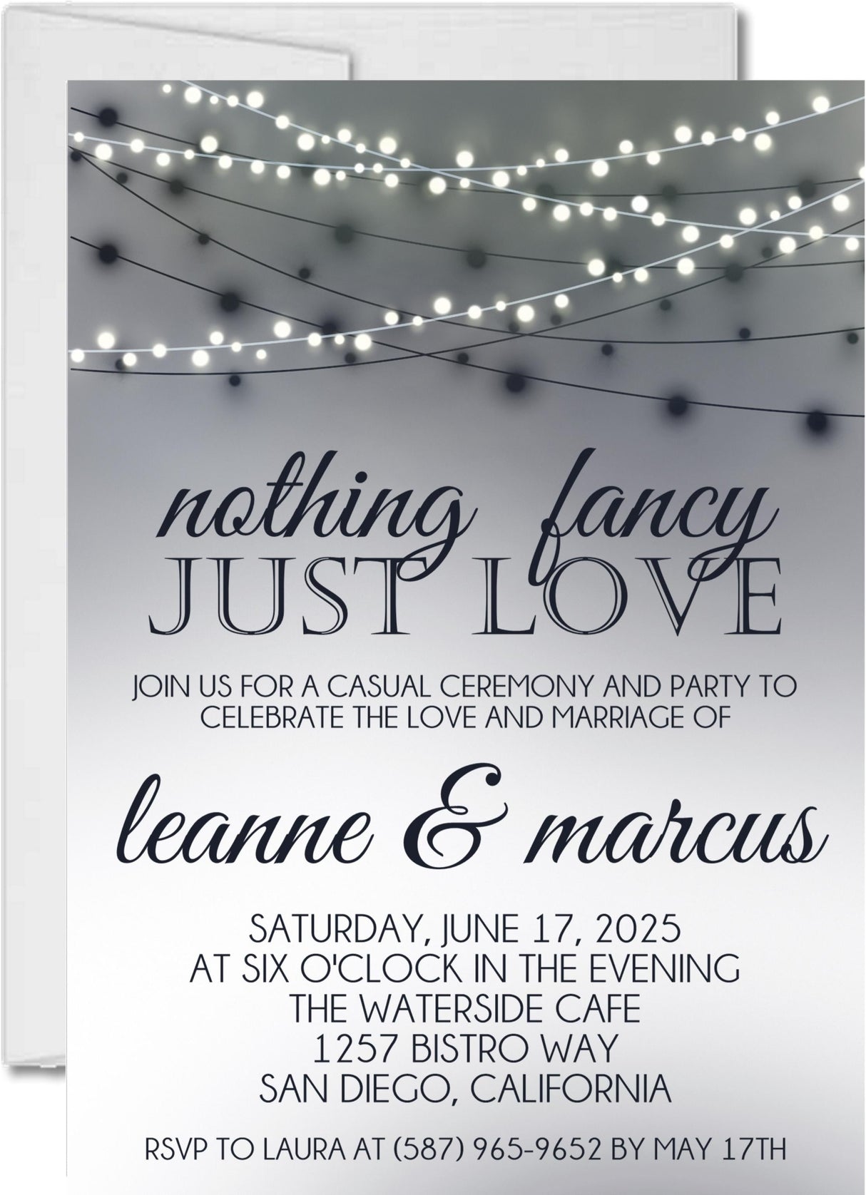 Black and white wedding invitation featuring glowing string lights and elegant typography