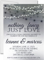 Black and white wedding invitation featuring glowing string lights and elegant typography