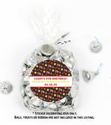 Black firefighter party sticker with rescue-themed illustrations