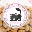 Black kitten birthday sticker with pink dotted border