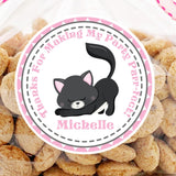 Black kitten birthday sticker with pink dotted border